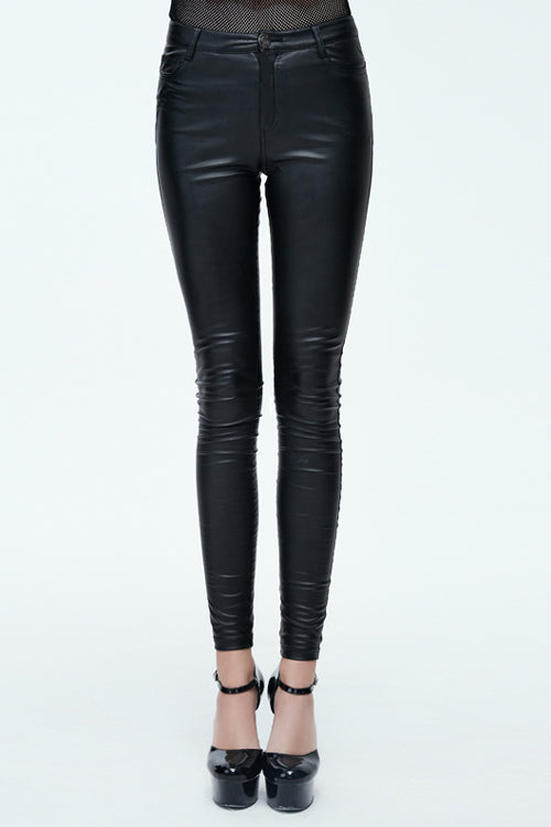 Black Simple Style Tight Leather Womens Pants