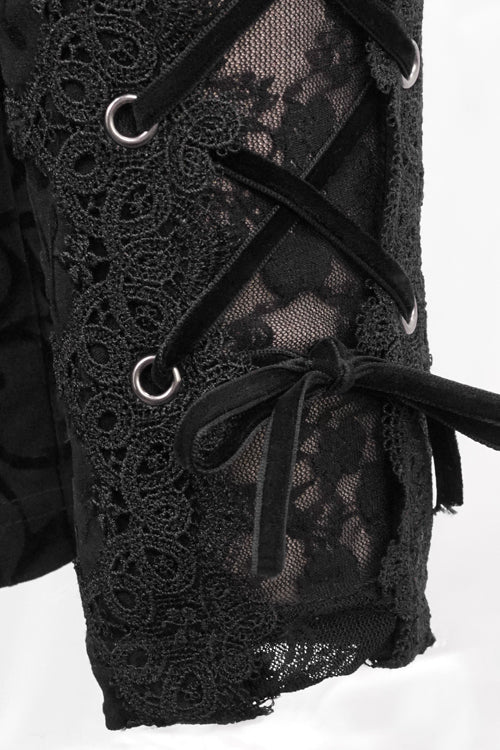 Schwarze Gothic-Hose mit Flockmuster und Schnürung, asymmetrische Seite