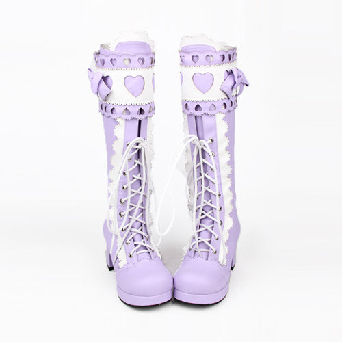 Lace Bowknot Heart Shaped Round Toe Sweet Lolita High Boots