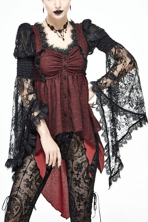 Schwarze Gothic-Lolita-Bluse mit Trompetenärmeln aus Spitze für Damen