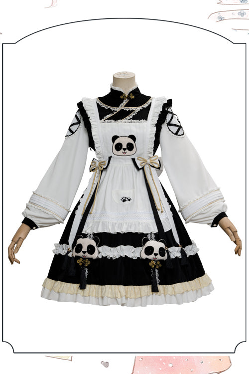 Black/White High Neck Lantern Sleeves Multi-Layer Ruffled Panda Bun Shop Sweet Lolita Op Dress