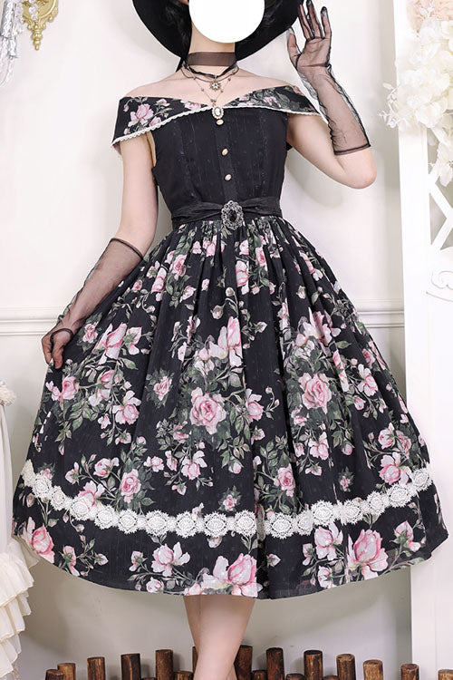 Black Elegant Vintage French Rose Floral Print V Collar Sleeveless Ruffled Classic Lolita JSK Dress