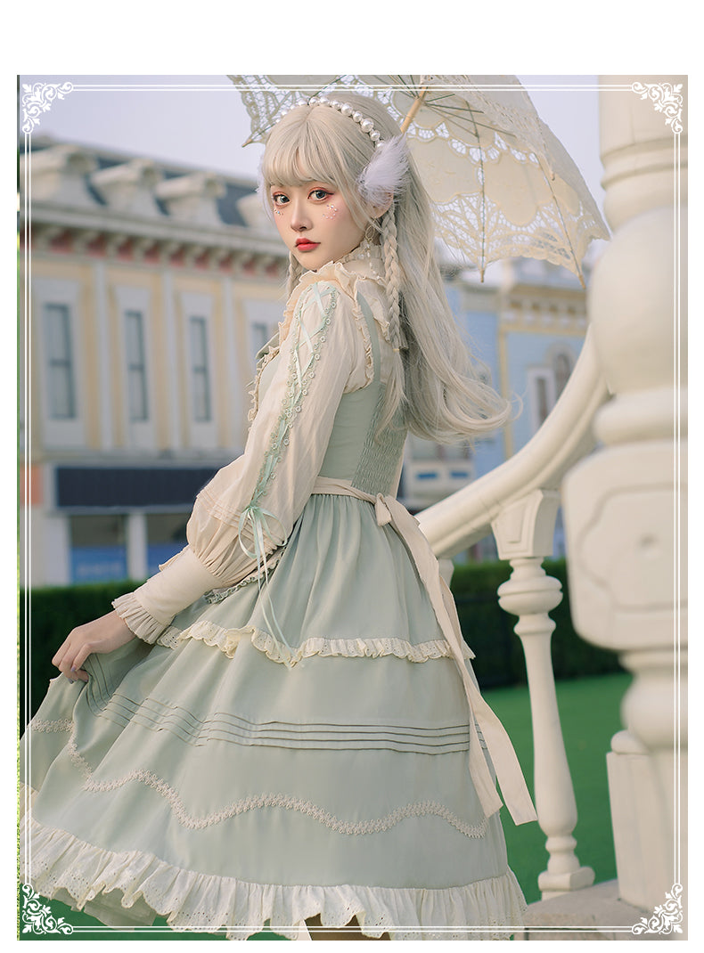 Light Green Japanese Country Style Bowknot Cardigan Ruffled Sweet Lolita JSK Dress