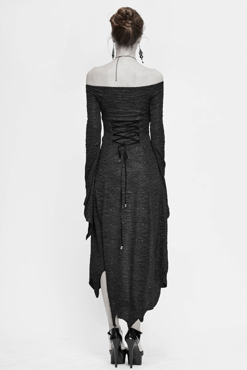 Black Sexy Stretchy Pleated Laced Up Waist Off Shoulder Slim Gothic Womens Dress