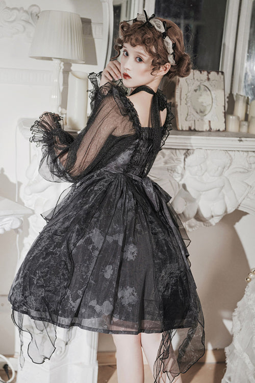 Black Ruffled Strap Mesh Lantern Sleeves High Waisted Irregular Hem Gothic Lolita OP Dress