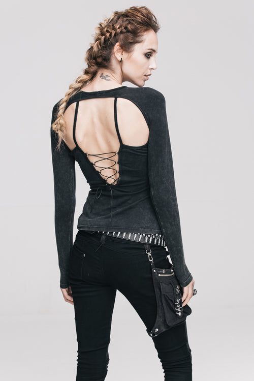 Black Hollow Out Long Sleeves Womens Punk Straps T-Shirt