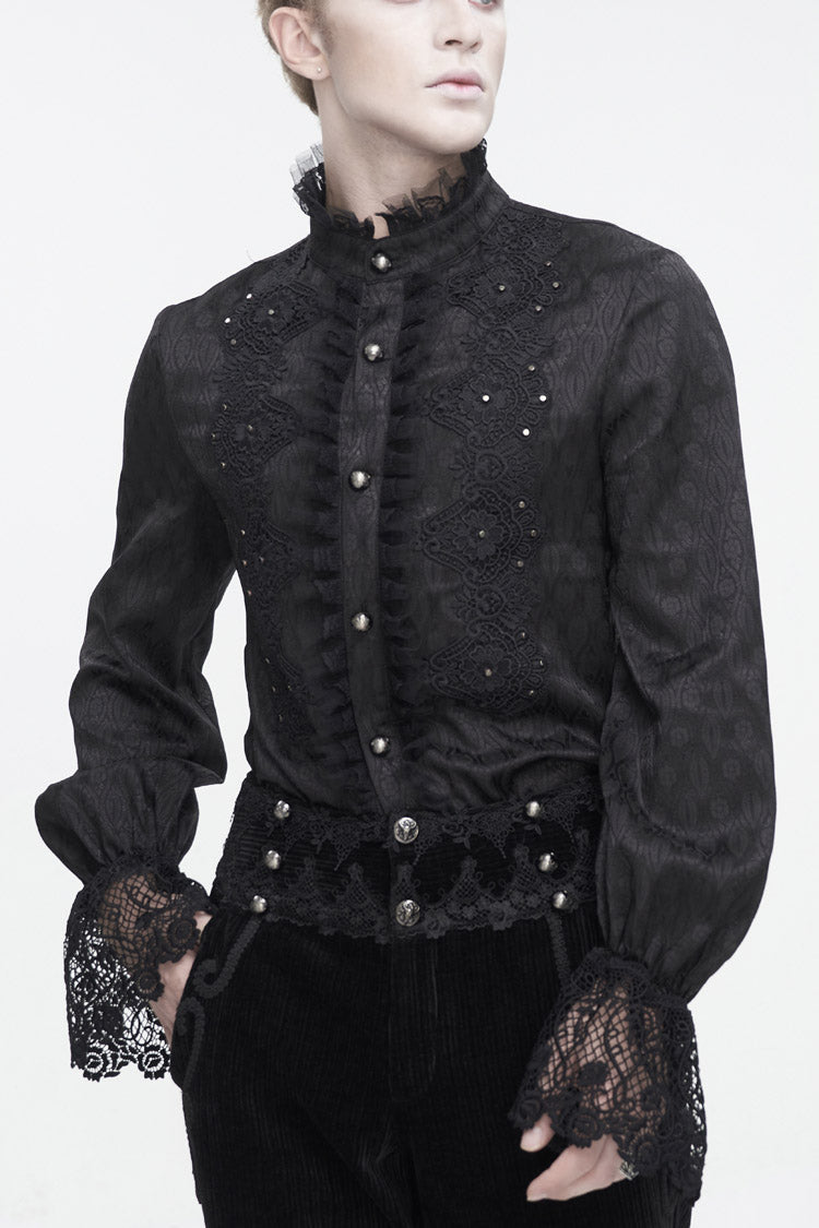 Black Stand Collar Puff Sleeved Lace Splice Men's Gothic Shirt
