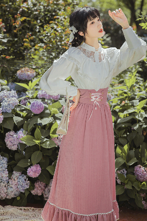 Pink Vintage Palace Style Ruffled Stripe Print High Waisted Classic Lolita Dress Skirt