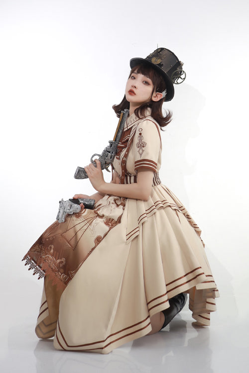 Beige British Style Short Sleeves Libra Print Cardigan Sweet Lolita Dress
