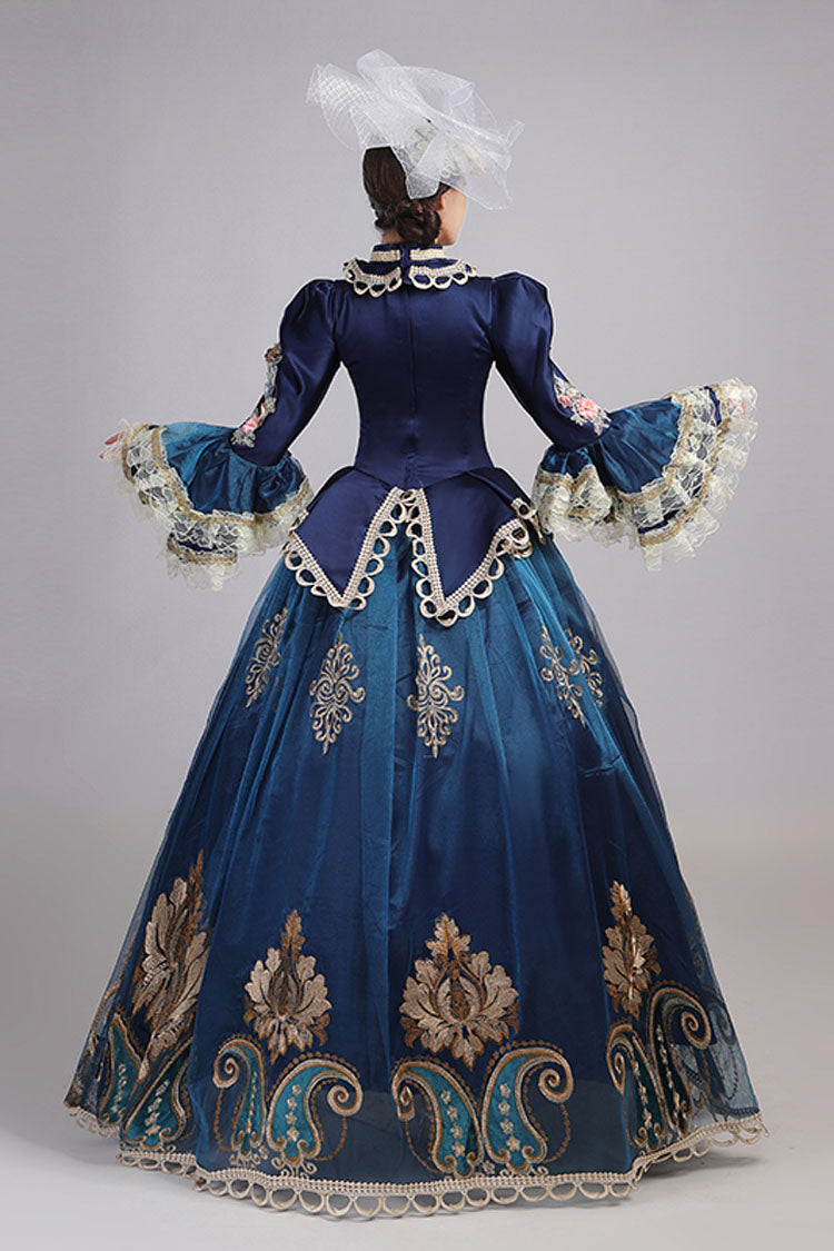 Blue Trumpet Sleeves High Waisted Three Dimensional Flower Hollow Embroidery Print Victorian Lolita Prom Dress