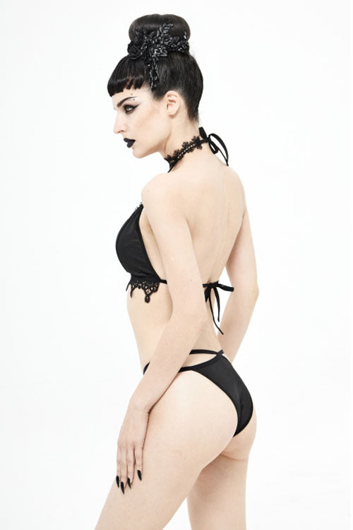 Black Gothic Lace Collar Lace Up Bikini Swimsuit