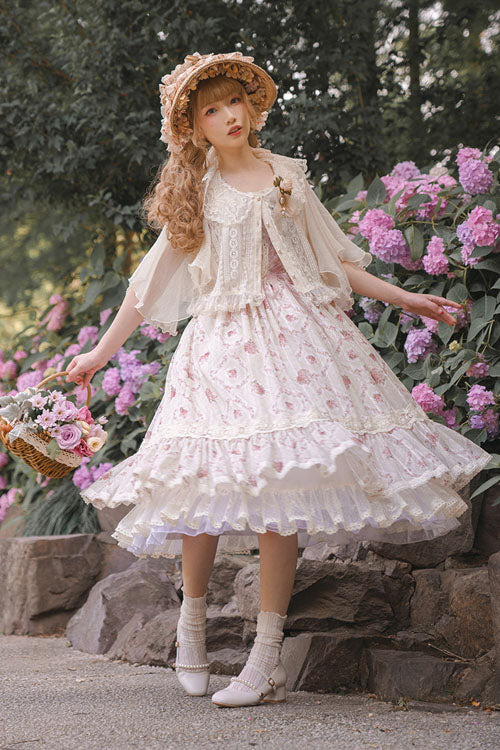 Pink Elegant Vintage Rose Print Multi-Layer Ruffled Sweet Lolita JSK Dress