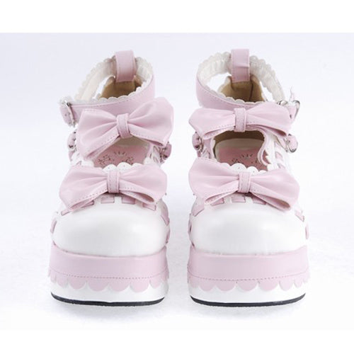 Pink Synthetic Leather Round Toe Ankle Straps Bow Decoration Platform Lolita Shoes
