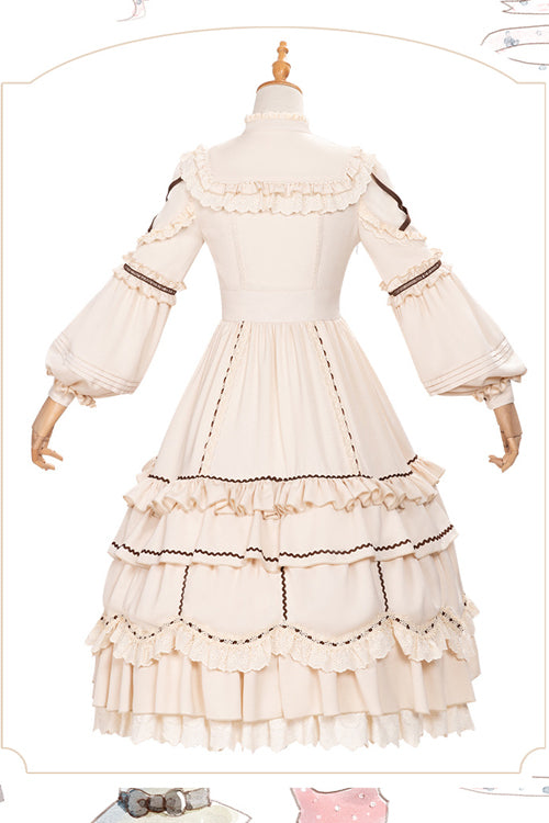 Beige Lantern Sleeves Multi-Layer Ruffled Removable Sweet Lolita OP Tiered Dress