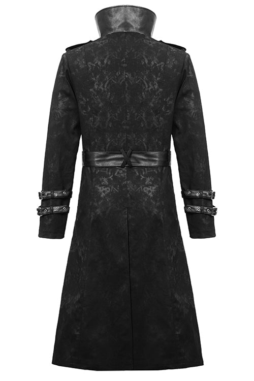 Black Open Collar Printed Belted Long Mens Punk Coat