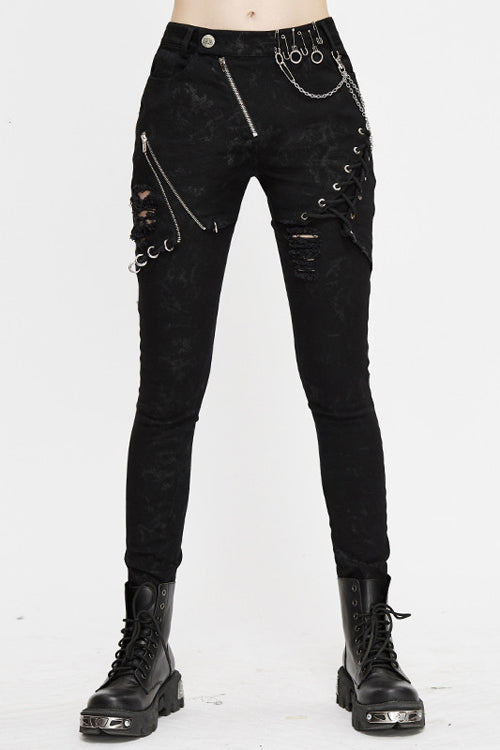 Black Punk Stretch Fitted Womens Pants With Zippper