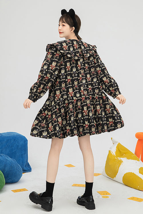 Black Doll Collar Bear Print Puff Sleeves Ruffled Sweet Lolita OP Dress
