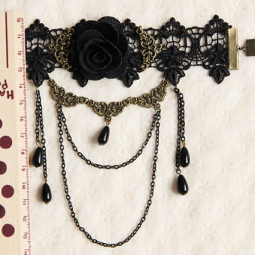 Black Vintage Bride Wedding Rose Flower Lace Pearl Metal Gothic Lolita Armband Bracelet