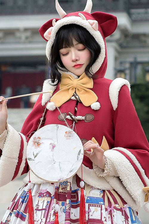 Herbst Winter Doppelkragen Bowknot Einreihiger Süßer Lolita Cape Mantel