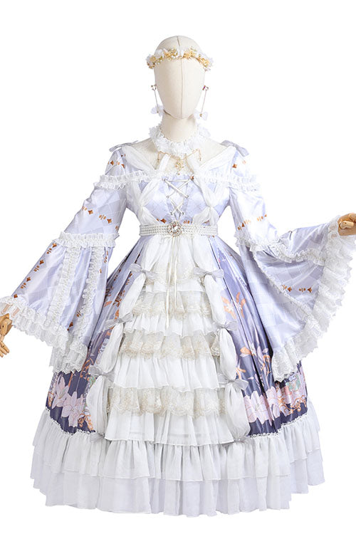 White/Purple Hanayome Cardigan High Waisted Trumpet Sleeves Multi-Layer Ruffled Sweet Lolita OP Dress