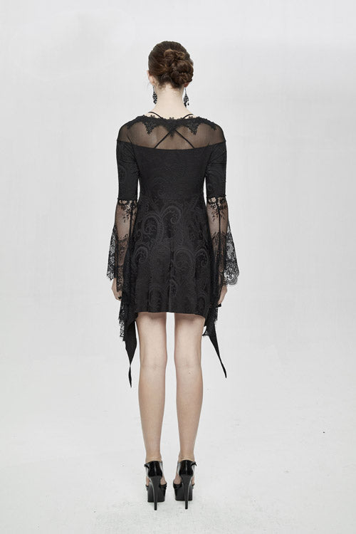 Black Horn Sleeves Off Shoulder Stretchy Knitted Sexy Lace Gothic Womens Dress