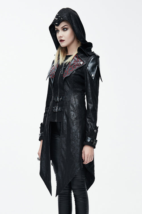 Black Punk Burnt Out Applique Hooded Womens Leather Coat