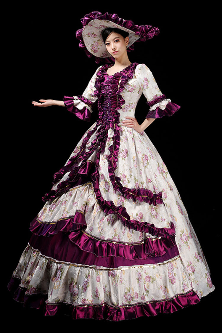 Floral Print Half Sleeves Stitching Ruffled Multi-Layer Victorian Lolita Prom Dress