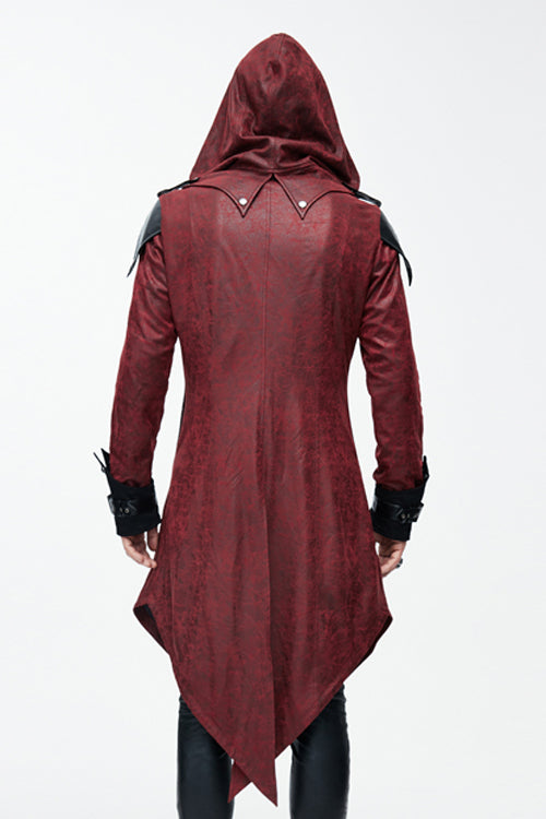 Punk Handsome Red Hooded Leather Long Mens Coats