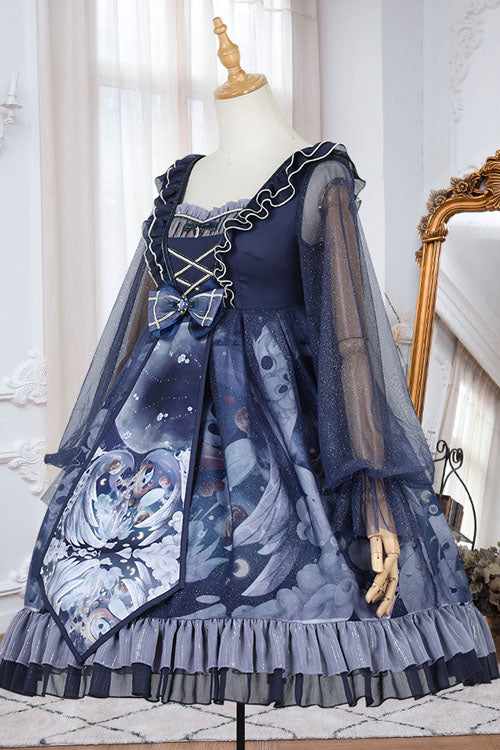 Dark Blue Unicorn Print Long Sleeves High Waisted Ruffled Classic Lolita OP Dress