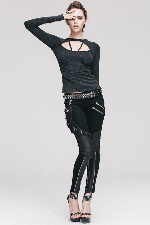 Black Hollow Out Long Sleeves Womens Punk Straps T-Shirt
