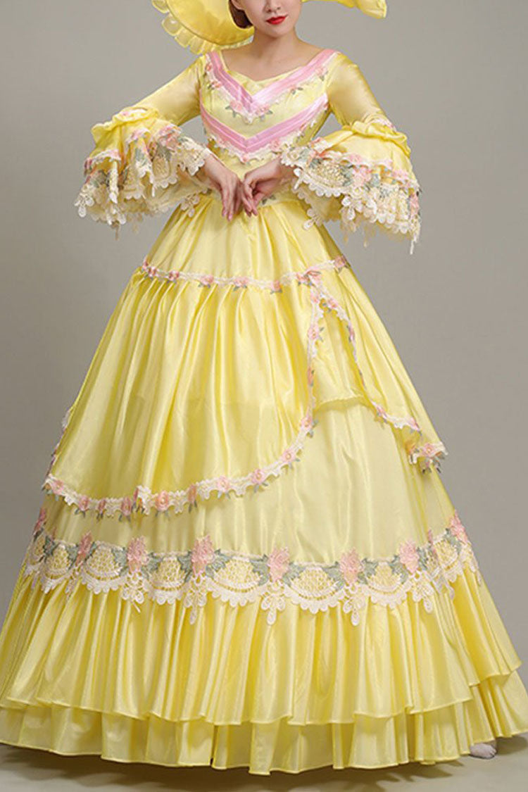 Yellow Hime Sleeves High Waisted Lace Stitching Hollow Floral Print Ruffled Multi-Layer Victorian Lolita Prom Tiered Dress