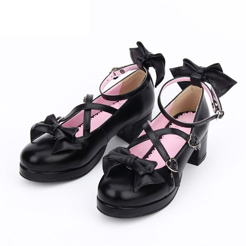 Cross Buckle Princess Bowknot Mid Heel Lolita Shoes