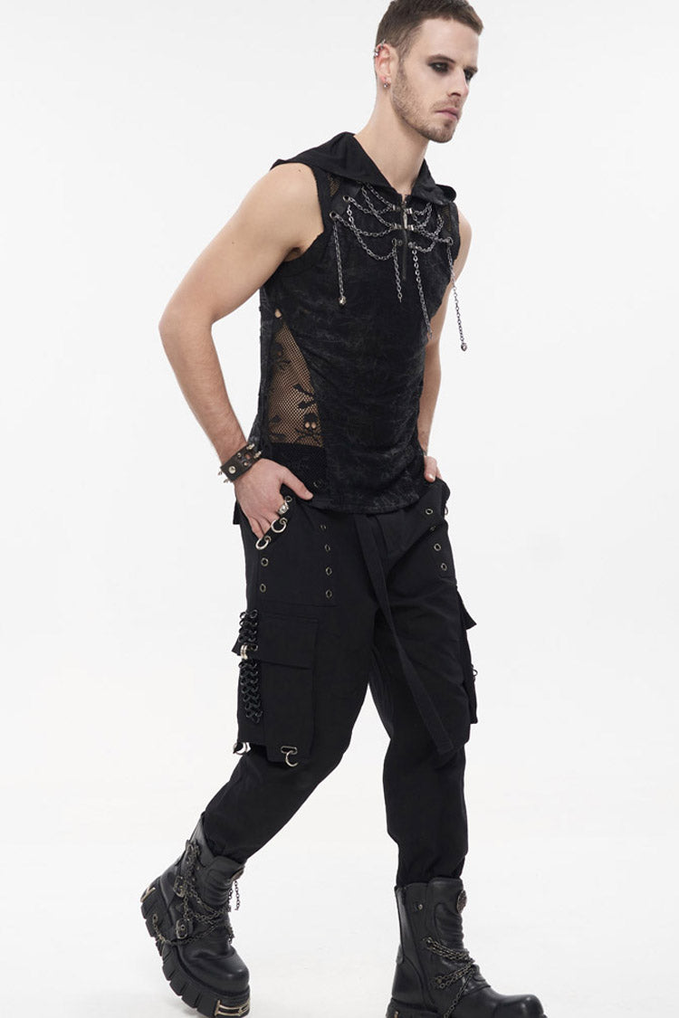 Black Punk Tatting Multi-Pocket Metal Chain Cargo Men's Pants