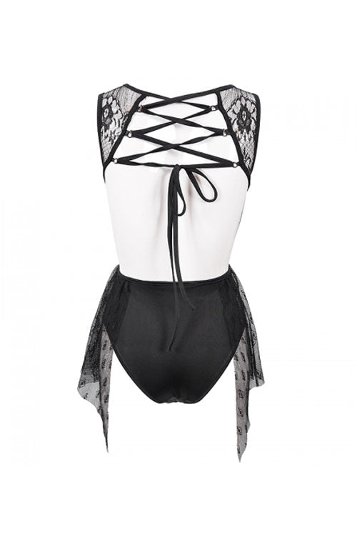 Back Lace Stitching Cross Strap Lace Up Gothic One Piece Swimsuit