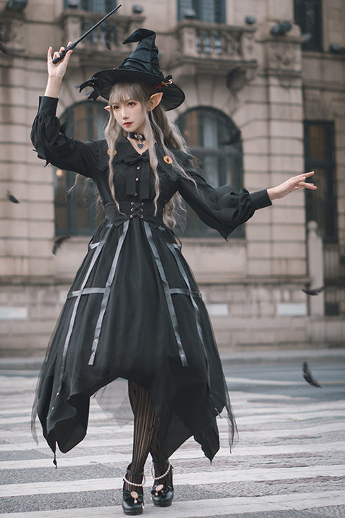 Black Lapel Collar Cat Eye Irregular Hem Gothic Lolita OP Dress