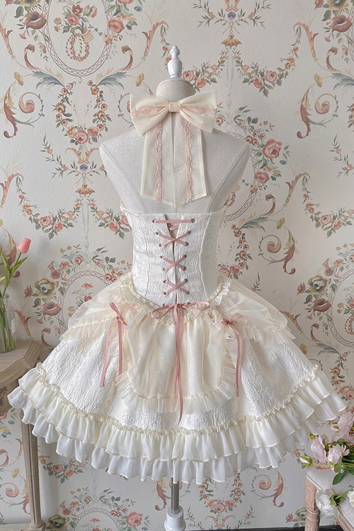 Ivory Pink Tube Top Sleeveless Blowknot Ruffled Sweet Lolita Tiered Dress