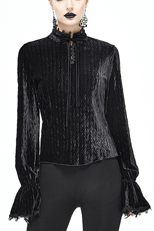 Schwarze plissierte Gothic-Bluse aus Samt mit Trompetenärmeln für Damen
