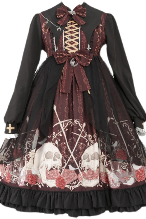 Black/Red Lapel Collar Long Sleeves High Waisted Printed Gothic Lolita OP Dress