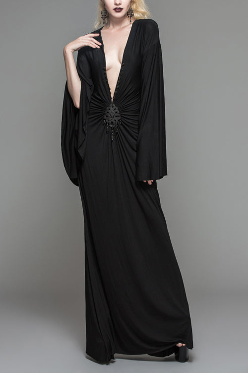 Black Frog Button Sexy Bat Sleeve Deep V Neck Gothic Womens Dress