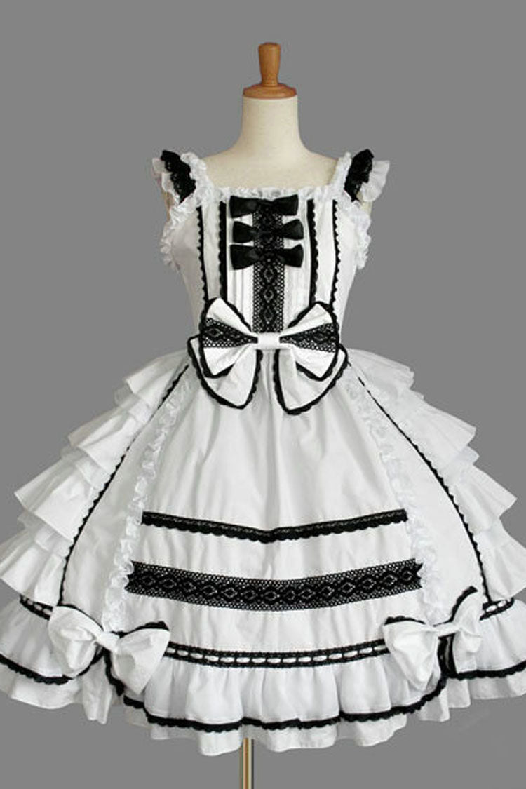 Color Stitching Lace Square Neck Cap Sleeve Knee Length Ruffled Bowknot Classic Lolita Dress