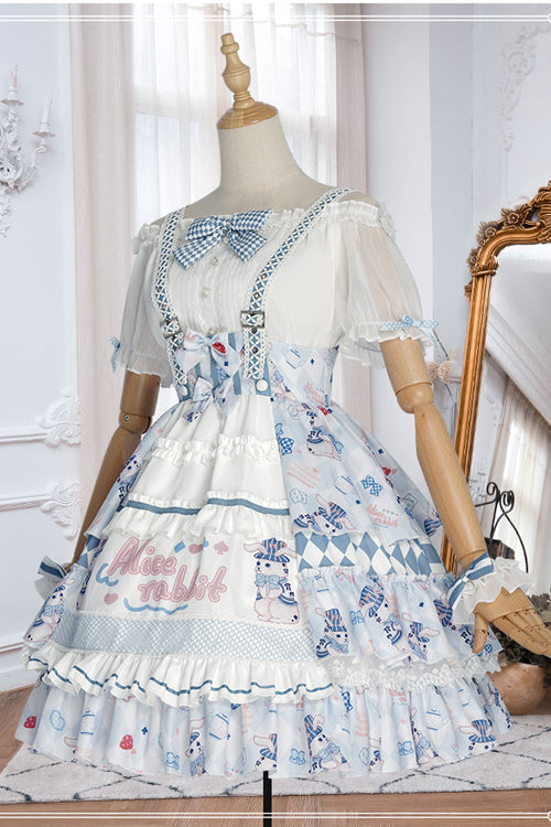 Blue Alice Rabbit Print Multi Layer Design Sweet Lolita JSK Dress