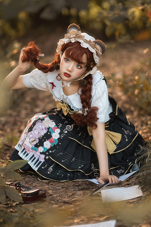 Black Multi-Layer Ruffled Note Bear Print Sweet Lolita JSK Dress
