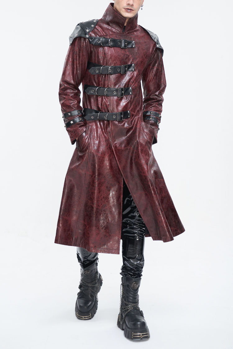 Red Stand Collar Multi Buckle Faux Long Leather Men's Punk Coat