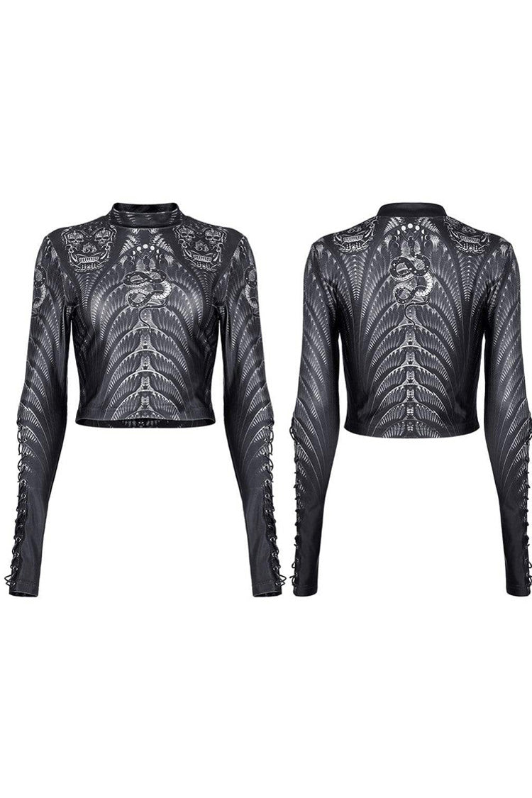 Schwarz/Grau Gothic Perspektive Elastizität Skelett Druck Kreuz Krawatte Seil Design Mesh Damen T-Shirt