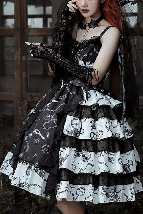 Black/White Vampire Diaries Cross Print Contrast Stitching Multi-Layer Ruffled Gothic Lolita Jsk Dress