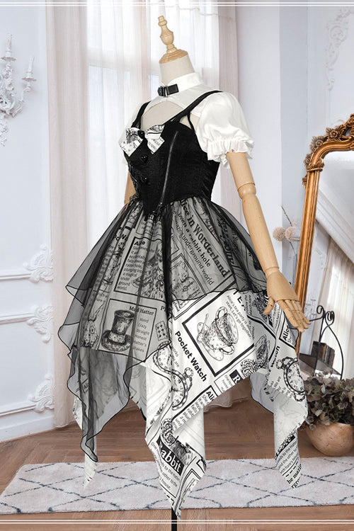 Black Fake Two Pieces Vintage Printed Irregular Hem Classic Lolita Dress