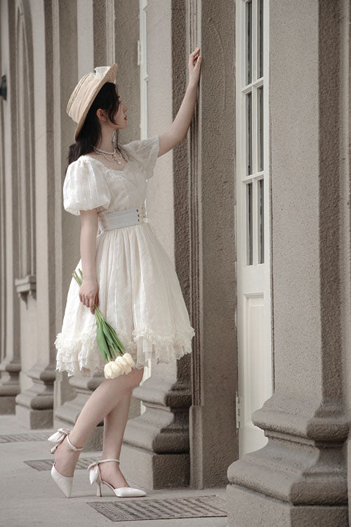 Elegant Vintage Tulip Square Collar Lantern Sleeves Multi-Layer Ruffled Classic Lolita OP Dress Short Version