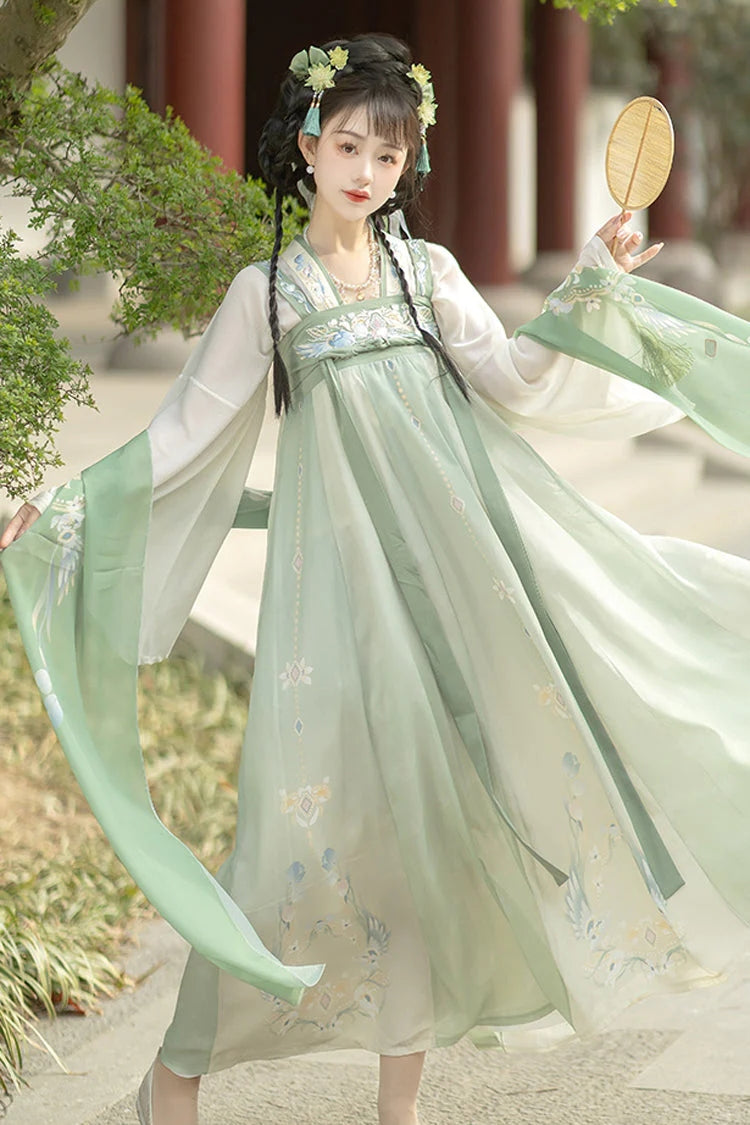 Green Trumpet Sleeves High Waisted Print Embroidery Sweet Chinese Style Hanfu Dress Full Set