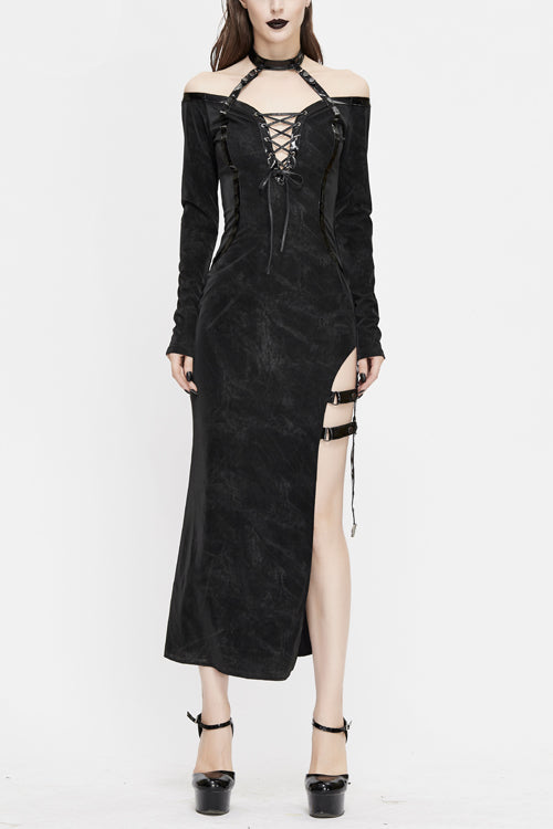 Black Punk Side High Fork Sexy Slim Fit Long Womens Dress With Chocker