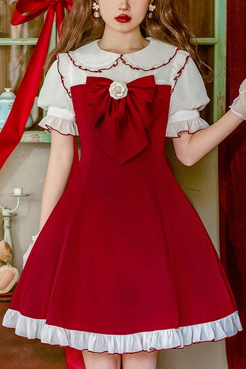 Red Camellia Ruffled Doll Collar Puff Sleeves Sweet Lolita Dress